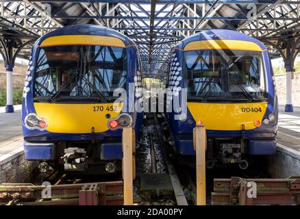 Two British Rail class 170 Turbostar diesel multiple-unit trains of Abellio ScotRail at Glasgow Central Station, Glasgow, Scotland, UK. Stock Photo