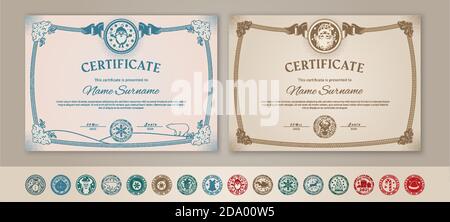Old fairytale Chrismtas certificate. Santa Claus stamp, Bull portrait Stock Vector