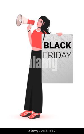 woman shouting into loudspeaker holding black friday placard big sale promotion discount concept full length vertical vector illustration Stock Vector