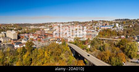 Aerial drone panoramic shot of the downtown area of Morgantown West Virginia Stock Photo