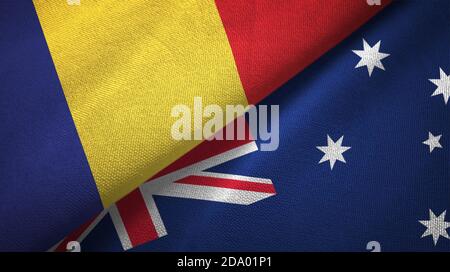 Romania and Australia two flags textile cloth, fabric texture Stock Photo