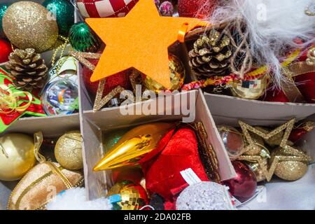 A box full of baubles and colourful Christmas decorations for a Christmas tree Stock Photo
