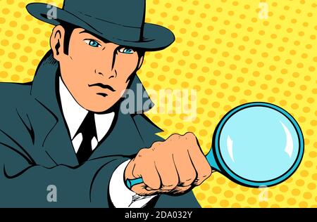 Male detective investigating with a magnifying glass. Looking for evidence. Dressed in a retro raincoat and hat. Place for text. Vector illustration i Stock Vector