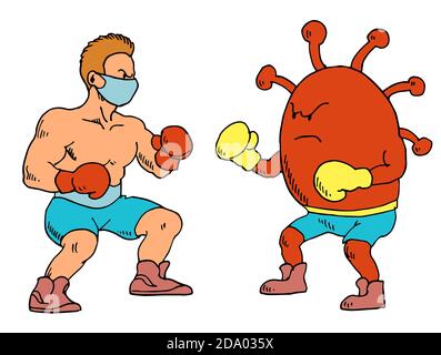 Human fight against the covid-19 virus. Cartoon male boxer fighting against coronavirus wearing boxing gloves.   A medical mask on the face. Vector il Stock Vector