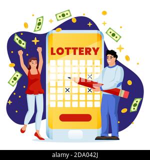 Cheerful couple win money in online lottery. Vector flat cartoon illustration, isolated on white background. Casino or gambling concept. Man and woman Stock Vector