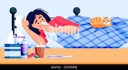 Flu sick woman lying in bed under blanket with sleeping red cat. Young girl have autumn or winter seasonal cold respiratory infection disease. Drugsto Stock Vector