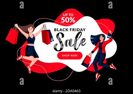 Black friday seasonal holiday sale banner poster design template. Young happy jumping women with paper shopping bags. Vector flat cartoon illustration Stock Vector