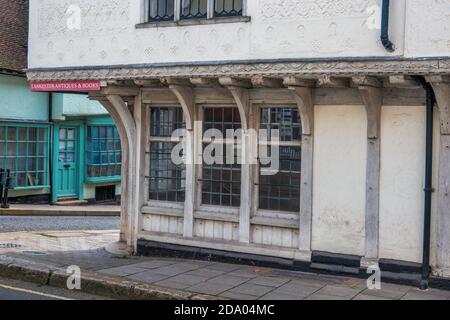 The Old Sun Inn grade 1 listed with its timber beamed overhang and ancient pargetting on timber frames in Church Street Saffron Walden. Essex England Stock Photo