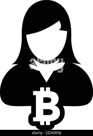Bitcoin icon vector cryptocurrency symbol with female person profile avatar for digital currency in a glyph pictogram illustration Stock Vector