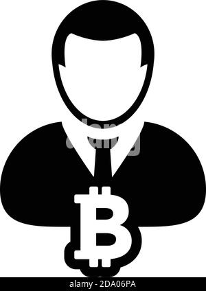 Bitcoin icon vector cryptocurrency symbol with male person profile avatar for digital currency in a glyph pictogram illustration Stock Vector