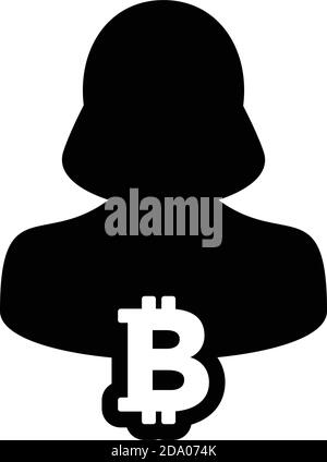 Cryptocurrency icon vector bitcoin blockchain with male person profile avatar for digital wallet in a glyph pictogram illustration Stock Vector