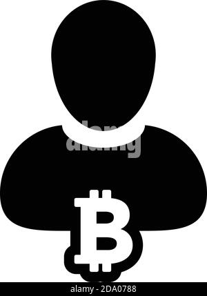 Coin icon vector bitcoin cryptocurrency blockchain with male person profile avatar for digital wallet in a glyph pictogram illustration Stock Vector