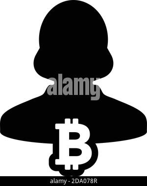 Person icon vector bitcoin blockchain cryptocurrency with male user profile avatar for digital wallet in a glyph pictogram illustration Stock Vector