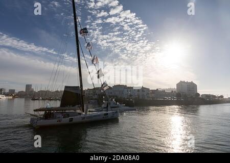 LES SABLES D'OLONNE, FRANCE - NOVEMBER 08, 2020: Jean Le Cam boat (Yes We Cam) in the channel for the start of the Vendee Globe 2020 Stock Photo