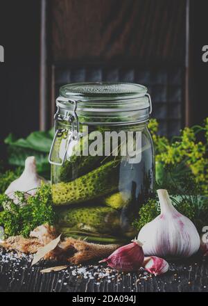 Homemade marinated or pickled cucumbers with dill, garlic and spices in big glass jar on rustic brown table, selective focus Stock Photo