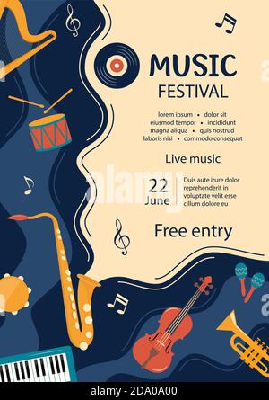 Music festival invitation. Musical flyer, poster template. Musical instruments and vinyl record. Guitar, synthesizer, violin, cello, drum, cymbals, sa Stock Vector