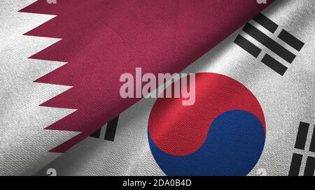 Qatar and South Korea two flags textile cloth, fabric texture Stock Photo