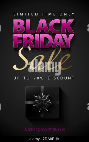 Black Friday Sale vector vertical banner. Glossy pink text with thin golden frame on dark grey background. Black gift box. Limited time only up to 75 Stock Vector
