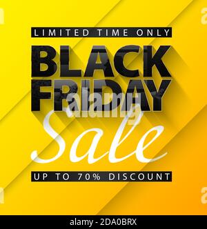 Black Friday Sale vector banner. Glossy black text with thin golden frame on bright yellow background. Window and gift glass effect reflection Stock Vector