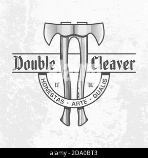 Monochrome two ax logo on light gray wall background. Double cleaver text. Axe with a wooden handle emblem design. Carpentry tool insignia. Stock Vector