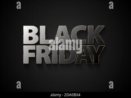 Black Friday vector mirror text with glossy black glass effect reflection letters and thin golden frame on dark background. Volume effect shadow. Stock Vector