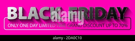 Black Friday pink horizontal web banner. Glossy black mirror text with thin golden frame on pink background. Silver text in frame. One day only limite Stock Vector