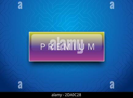 Premium rainbow color label with white frame on classic blue geometric background. Glossy luxury logo template. Vector illustration. Stock Vector