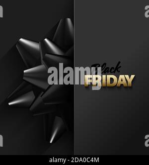 Black Friday Sale vector banner on black background. Half side with golden text and black ribbon bow. Stock Vector