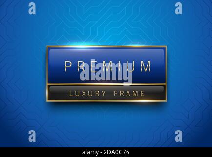 Premium blue green label with golden frame on classic blue geometric background. Glossy luxury logo template. Vector illustration. Stock Vector