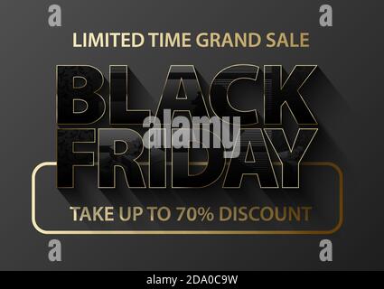 Black Friday vector banner. Glossy black text thin golden frame on dark grey background. Gifts glass effect reflection on letters. Limited time Stock Vector