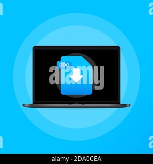 Laptop and download DOC file icon. Document downloading concept. DOC label and down arrow sign. Vector on isolated background. EPS 10 Stock Vector