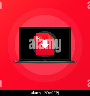 Laptop and download AVI file icon. Document downloading concept. AVI label and down arrow sign. Vector on isolated background. EPS 10 Stock Vector
