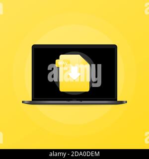 Laptop and download WAV file icon. Document downloading concept. WAV label and down arrow sign. Vector on isolated background. EPS 10 Stock Vector