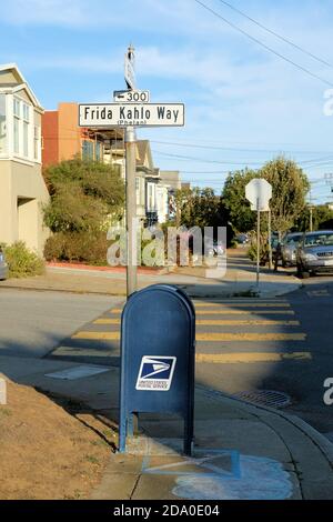 Frida Kahlo Way street sign (formerly Phelan Avenue) in San Francisco, California, USA; Kahlo lived in the city in the 1930s with husband Diego Rivera. Stock Photo