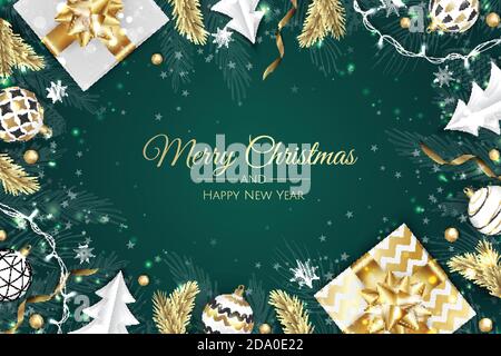 Christmas vector background. Creative design greeting card, banner, poster. Top view gift box, xmas decoration balls and snowflakes. Stock Vector