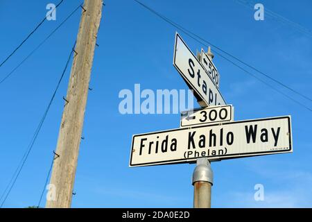 Frida Kahlo Way street sign (formerly Phelan Avenue) in San Francisco, California, USA; Kahlo lived in the city in the 1930s with husband Diego Rivera. Stock Photo