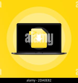 Laptop and download ZIP file icon. Document downloading concept. ZIP label and down arrow sign. Vector on isolated background. EPS 10 Stock Vector