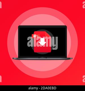 Laptop and download MP3 file icon. Document downloading concept. MP3 label and down arrow sign. Vector on isolated background. EPS 10 Stock Vector