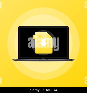 Laptop and download PDF file icon. Document downloading concept. PDF label and down arrow sign. Vector on isolated background. EPS 10 Stock Vector