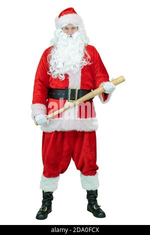 Angry, aggressive bad Santa holds baseball bat. Santa Claus is holding baseball bat on white background. Christmas coming Stock Photo