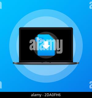 Laptop and download TXT file icon. Document downloading concept. TXT label and down arrow sign. Vector on isolated background. EPS 10 Stock Vector