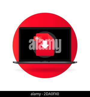 Laptop and download PSD file icon. Document downloading concept. PSD label and down arrow sign. Vector on isolated background. EPS 10 Stock Vector