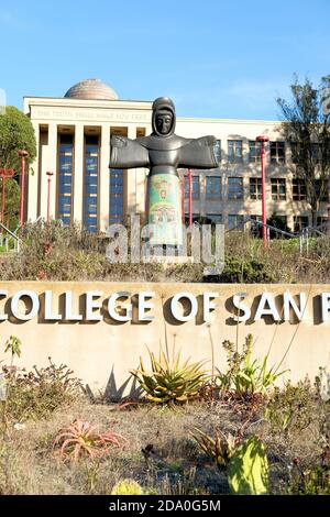 St. Francis of the Guns (1969) sculpture by Beniamino Bufano on the campus of City College of San Francisco in California; Italian-American artists. Stock Photo