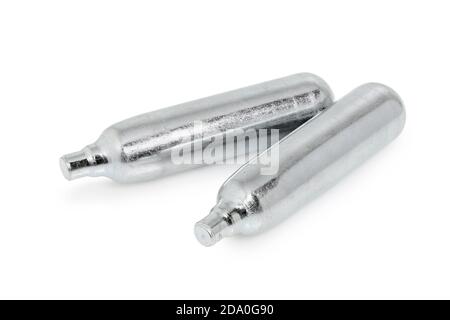 two co2 cartridges isolated on white, airsoft gun equipment Stock Photo