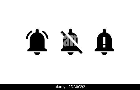 Bell notification and sound simple black icon set. Mute bell, no sound and bell ring. Vector on isolated white background. EPS 10 Stock Vector