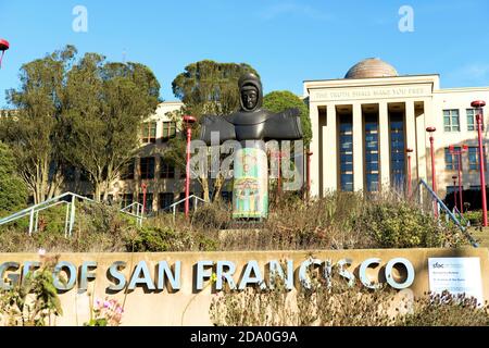 St. Francis of the Guns (1969) sculpture by Beniamino Bufano on the campus of City College of San Francisco in California; Italian-American artists. Stock Photo