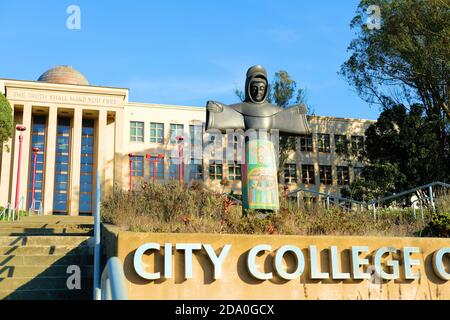 St. Francis of the Guns (1969) sculpture by Beniamino Bufano on the campus of City College of San Francisco in California; Italian-American artists. Stock Photo