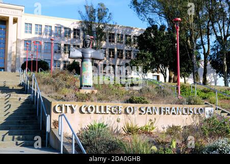 St. Francis of the Guns (1969) sculpture by Beniamino Bufano on the campus of City College of San Francisco in California; Italian-American artists. Stock Photo