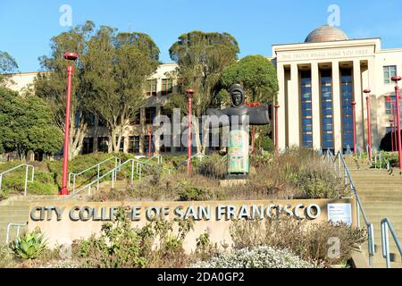 St. Francis of the Guns (1969) sculpture by Beniamino Bufano on the campus of City College of San Francisco in California; Italian-American artists. Stock Photo