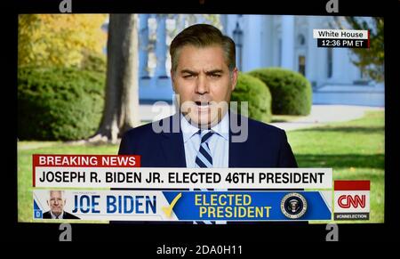 A TV screen grab of CNN correspondent Jim Acosta reporting that Joe Biden has been declared the winner of the 2020 presidential election Stock Photo